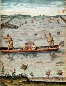 Fischen unter den Einwohnern von Virginia. Im Wasser Schildkröten, Krabben und verschiedene Fischarten. Gravur aus „Admirante Narratio Americae“ von Theodore de Bry (1528-1598) von Theodore de Bry