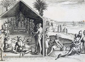König empfängt europäische Besucher, Kap Lopez, Gabun, Stich aus India orientalis von Theodor de Bry, Afrika