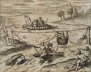 Indianer fahren Stromschnellen hinunter von Theodore de Bry