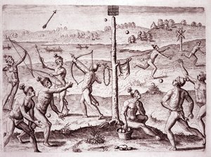 Ureinwohner Amerikas üben Laufen, Pfeilschießen und Ballwerfen in Florida (Gravur)