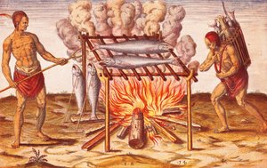 Wie Indianer Fisch kochen, Illustration aus Admiranda Narratio von Theodore De Bry von Theodore de Bry
