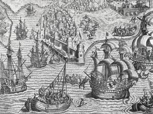 Seeschlacht, Gravur aus der Amerikanischen Geschichte von Theodor de Bry