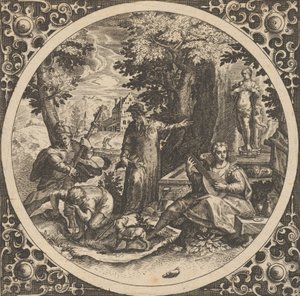 Szene mit einer Warnung vor Geschlechtskrankheiten in einem Kreis in der Mitte, 1580-1600