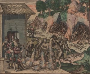 Sklaven gießen Erz vor europäischen Soldaten. Im Hintergrund arbeiten Sklaven in den Minen, 1595