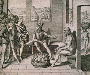Spanische Eroberer treffen einheimische Frauen in Amerika