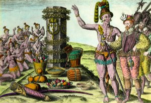 Die Floridianer kamen zur von dem französischen Navigator Jean Ribault (1520-1565) errichteten Säule der ersten Expedition nach Florida. Gravur aus „Geschichte Amerikas“ von Theodore De Bry (1528-1598) 16. Jahrhundert