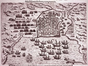 Die Flotte von Francis Drake besetzt die Insel Santo Domingo (Gravur)