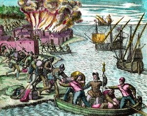 Die Franzosen plündern und verbrennen die Stadt Chioreran. Gravur aus Geschichte Amerikas von Theodore de Bry. 16. Jahrhundert. Private Sammlung