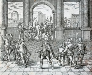 Der Inka-König Atahualpa wird von Spaniern in Cajamarca gefangen genommen, Illustration aus der amerikanischen Geschichte
