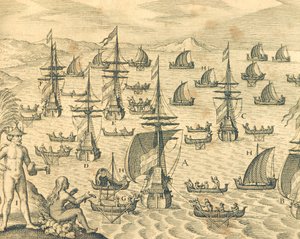 Die Insel der Diebe, Gravur aus der amerikanischen Geschichte von Theodore de Bry, Nordamerika 17. Jahrhundert von Theodore de Bry