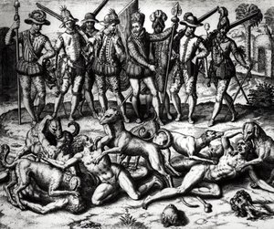 Die Hunde von Vasco Nunez de Balboa greifen die Indianer an