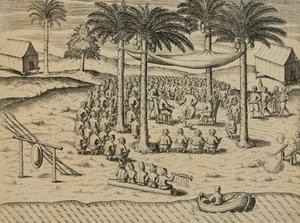 Begrüßung durch indigene afrikanische Eingeborene, Illustration aus Indiae Orientalis von Antonio Pigafetta von Theodore de Bry