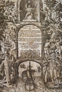 Westindien oder Amerika, von Theodor de Bry, Frontispiz, Gravur