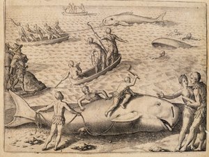 Walfang bei Spitzbergen, Gravur von Theodor de Bry aus India Orientalis