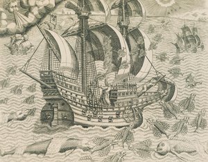 Geflügelter Fisch aus den Meeren der Indes, Illustration aus der amerikanischen Geschichte von Theodore de Bry
