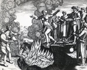 Frau wirft sich auf den Scheiterhaufen ihres Mannes, von Theodor de Bry (1528-1598), Stich