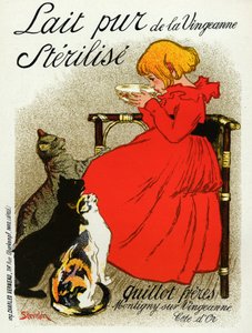 Essen und Trinken. Vingeanne-Milch. Kleines Mädchen mit Katzen. Plakat von Steinlen, Frankreich, ca. 1890 (Plakat)