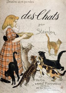 Mädchen bringt eine Milchschale zu Katzen - Umschlag „Katzen“ von Steinlen, 19. Jh.