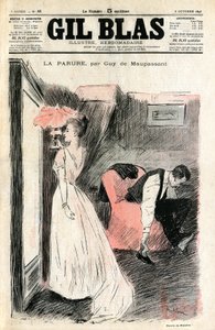 Illustration von Steinlen zu Guy de Maupassants Kurzgeschichte "Die Halskette". Madame Loisel betrachtet sich im Spiegel, während ihr Mann ihr die Schuhe auszieht. Sie stellt fest, dass sie die Halskette (Diamantfluss) verloren hat, die ihr ihre Freundin M