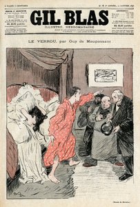 Illustration von Steinlen zu Guy de Maupassants Kurzgeschichte „Das Schloss“. Illegitimes Paar in voller Liebe ertappt - Ehebruch, Überraschung. Titelblatt von Gil Blas Nr. 4, 22. Januar von Théophile Alexandre Steinlen