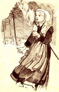 Junge Dorfbewohnerin - Spinnerin - Zeichnung (Detail) von Steinlen (1859-1923) zur Illustration des Liedes „Warum spinnst du?“ - Ende des 19. Jahrhunderts von Théophile Alexandre Steinlen