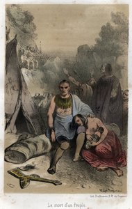 Das Massaker der Huronen durch die Irokesen in Kanada 1763 (Vertrag von Paris). Stich von 1845 in „Die dramatische und malerische Geschichte der Jesuiten von der Gründung des Ordens bis zur Gegenwart“ von Adolphe Boucher, Zeichnung von Theophile Fragonar von Theophile Evariste Fragonard