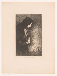 Stehende Frau, die auf ein brennendes Dorf im Hintergrund schaut von Théodule Augustin Ribot