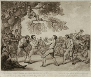Der Boxkampf zwischen Daniel Mendoza und Richard Humphreys in Stilton, Huntingdonshire, 6. Mai 1789, graviert von Joseph Grozer