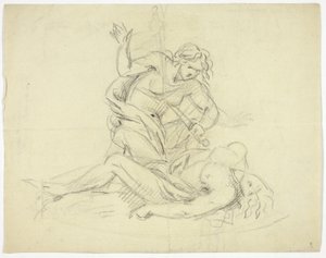 Pyramus und Thisbe (recto); Drei männliche Figuren mit Mausoleum-Grundriss (verso)