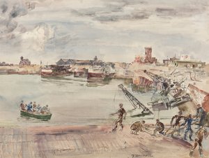 Docks ex entrepots (sic) du Port du Calais Bassin Ouest, 1944 von Thomas Barclay Hennell