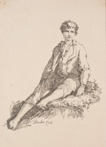 Beispiele der Polyautographie: Junge sitzt auf einem grasbewachsenen Ufer, 1803 von Thomas Barker