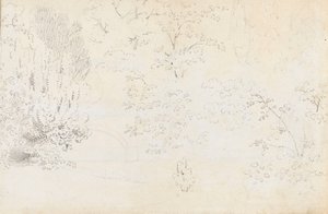 Eine Studie in Graphit von der Brücke und den Bäumen von Westen (verso)