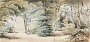 Teil des Geländes in Merton mit einer Laube und Bäumen (recto)