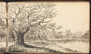 Album mit Landschafts- und Figurenstudien: Bäume entlang eines Flusses mit Gebäuden in der Ferne von Thomas Bradshaw