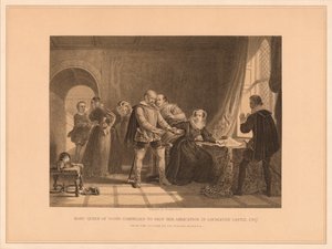 Maria Stuart gezwungen, ihre Abdankung in Schloss Lochleven zu unterschreiben, 1567, 1878 von Thomas Brown