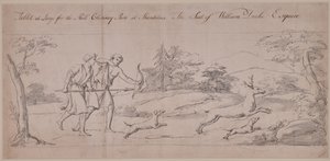 Zwei Figuren in klassischer Kleidung jagen einen Hirsch von Thomas Carter