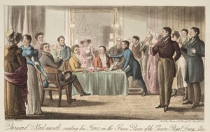 Bernard Blackmantle liest seine Farce im Green Room des Covent Garden Theatre, aus The English Spy, veröffentlicht 1824