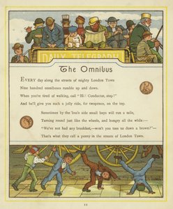 Passagiere reisen im Omnibus, während Kinder unten auf der Straße Rad schlagen von Thomas Crane
