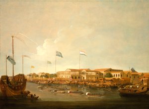 Die Hongs in Kanton von Südosten, mit einer Regatta auf dem Perlfluss