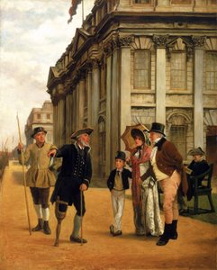 Die Geschichte der Bewohner, vor dem King Charles Court Gebäude im Greenwich Hospital, ein Bewohner mit Holzbein, der die reguläre Uniform trägt, spricht mit einem besuchenden Paar und ihrem Sohn, um sie herum zwei weitere Bewohner von Thomas Davidson
