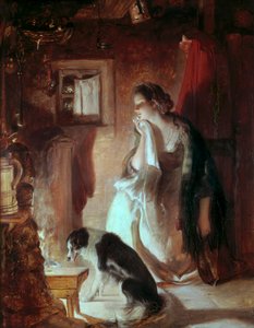 Das klagende Herz, Eine junge Frau am Feuer, trauriges Gesicht wegen eines Kummers. Gemälde von Thomas Duncan (1807-1845) Victoria and Albert Museum, London