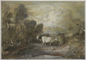 Ein Hirte mit drei Kühen an einem Hochlandteich