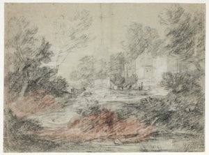 Landschaft mit Gebäuden an einem Bach