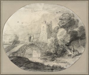 Flusslandschaft mit Brücke und Kirche