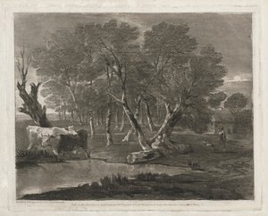 Waldlandschaft mit Kühen neben einem Teich, Figuren und Hütte
