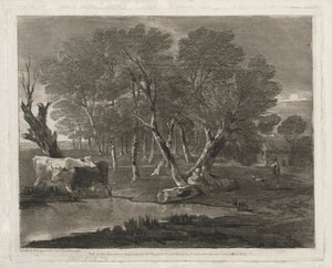 Waldlandschaft mit Kühen an einem Teich, Figuren und Hütte, veröffentlicht 1797