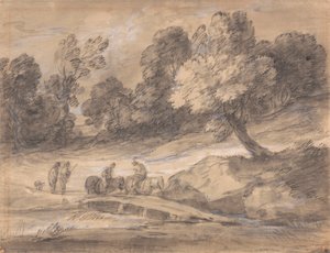 Bewaldete Landschaft mit Figuren zu Pferd, die eine Brücke überqueren