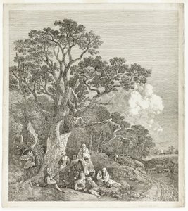 Bewaldete Landschaft mit Zigeunern um ein Feuer versammelt