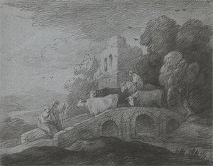 Waldlandschaft mit Viehtreiber, rustikalen Liebenden und Ruine