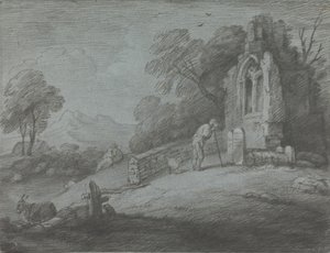Bewaldete Landschaft mit Bauer, der einen Grabstein liest, rustikale Liebhaber und verfallene Kirche